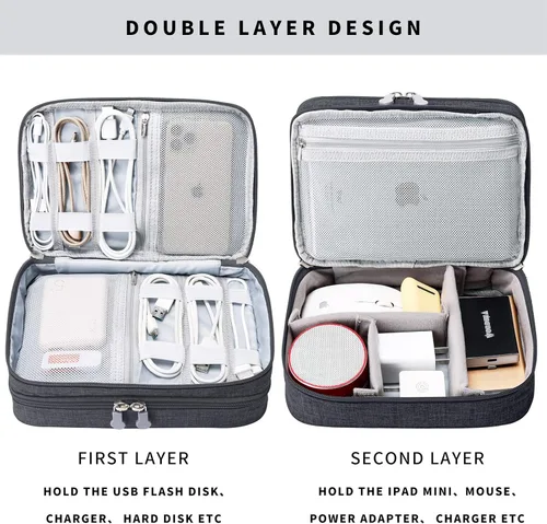 Vista 3 de Lanola Bolsa organizadora de cables de viaje, funda de accesorios electrónicos, bolsa de almacenamiento portátil de doble capa para cable, teléfono