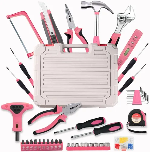 Juego de herramientas rosas de 103 piezas, caja de herramientas para el hogar para mujeres con estuche de almacenamiento, kit de herramientas