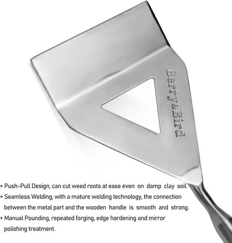 Vista 2 de Berry&Bird Azada holandesa, cabeza de acero inoxidable con mango de madera, herramienta de jardín resistente para mujer para deshierbar y cultivar