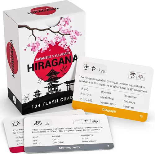 Tarjetas flash japonesas Hiragana para niños y adultos – 104 tarjetas de aprendizaje del alfabeto con imágenes y orden de trazo – Ayuda de estudio