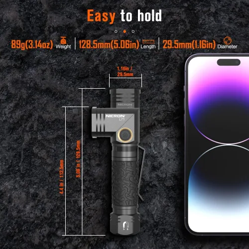 Vista 3 de NICRON L71 Linternas tácticas de alto lúmenes tipo C recargables con imán, luz de trabajo de 90 grados, impermeable IP65, linterna LED de 1800
