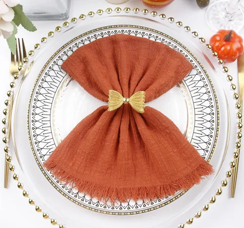 Vista 7 de Servilletas de tela de otoño con flecos, juego de 12, 100% algodón suave, servilletas de gasa lavables, ideales para bodas decorativas, cenas Beige