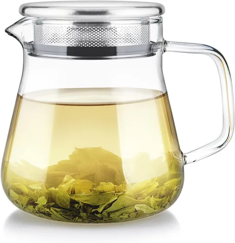 Teabloom Tetera One-Touch, tetera y hervidor 2 en 1 con tapa de filtro de acero inoxidable para té suelto, tetera de vidrio de borosilicato sin
