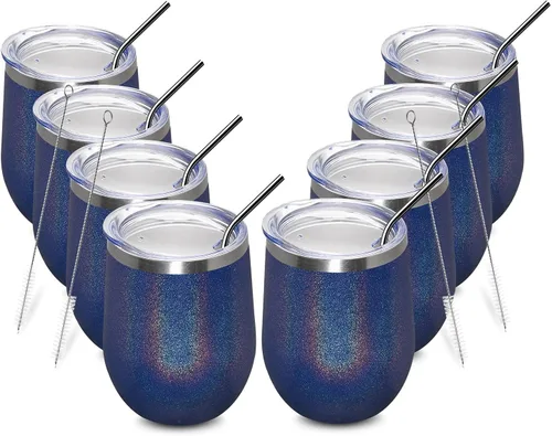Vista 26 de MEWAY Vaso de vino sin tallo de 12 onzas con tapa, vaso de viaje de acero inoxidable con aislamiento de doble pared al vacío con popote, para Negro