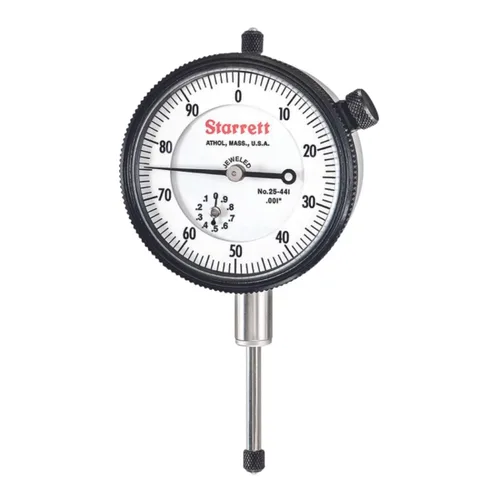 Vista 21 de Starrett Indicador de Cuadrante Serie 25 con Rodamientos de Rubí y Oreja en el Centro Posterior - Carátula Blanca, Rango de 0-.025", Cuadrante