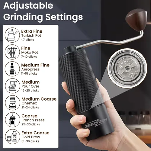Vista 7 de Molinillo de café manual con rebaba cónica de precisión, molinillo de café manual ajustable con rodamientos dobles, molinillo de café portátil