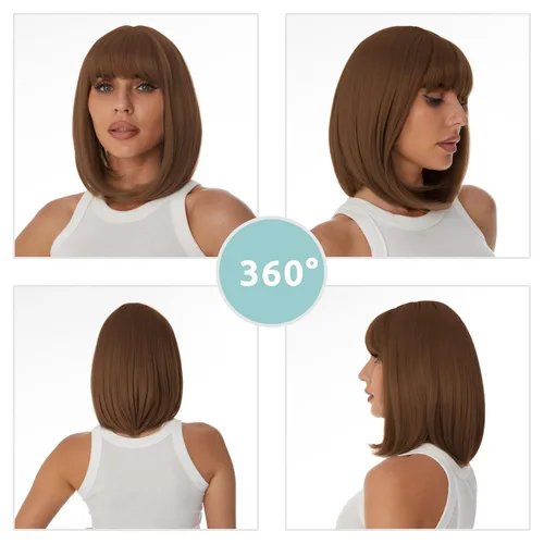 Vista 2 de Onpep Pelucas de cabello castaño rojizo con flequillo para mujer, longitud corta y recta, resistente al calor, peluca sintética resistente al calor