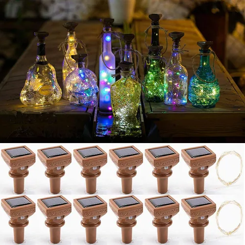 Vista 15 de YJFWAL Paquete de 12 luces solares mejoradas para botellas de vino, 20 luces LED impermeables de cobre, luces de cadena de corcho para decoración