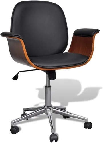 vidaXL Silla de oficina de cuero sintético negro y marrón, madera curvada, hierro cromado