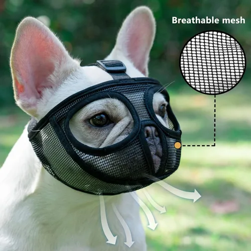 Vista 2 de Ohcozzy Bozal corto para perro, ajustable que no cubre los ojos, bozal de malla para morder y masticar (L, negro)