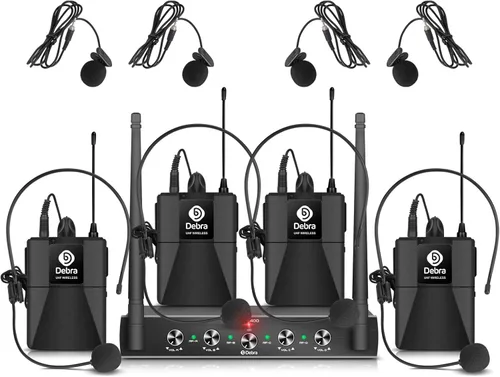 Vista 14 de Debra Audio Pro UHF Sistema de micrófono inalámbrico de 4 canales con micrófonos de mano, lavalier y diadema inalámbricos, receptor de metal, ideal