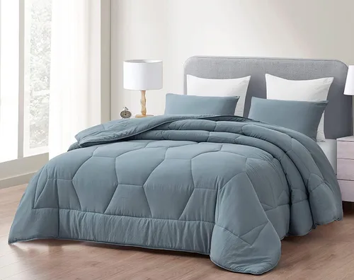 Vista 17 de Chezmoi Collection Vero - Juego de edredón de microfibra acolchada de panal de abeja de 3 piezas, ropa de cama hexagonal geométrica ligera lavada