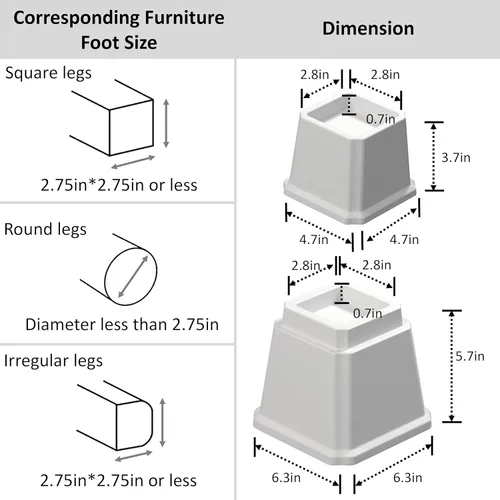 Vista 3 de Elevadores de cama para muebles de 8 pulgadas, resistentes en alturas ajustables de 8, 5 o 3 pulgadas, elevadores de 1500 libras para sofá y mesa