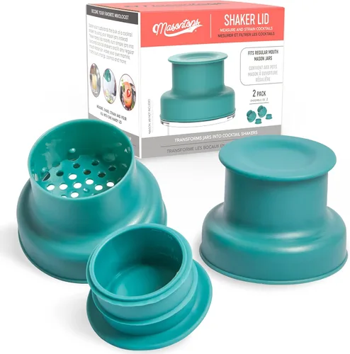 Masontops Tapas para coctelera, compatibles con cualquier tarro Mason de boca regular, paquete de 2 con tapas jigger de 1 oz, color verde azulado
