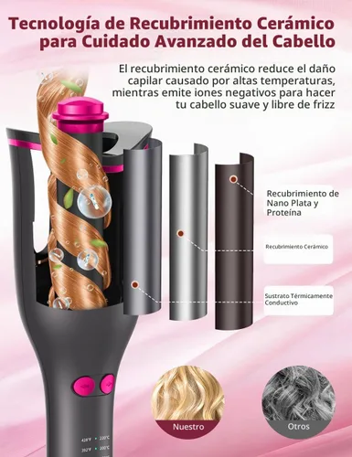 Vista 5 de Rizador automático para mujer, rizador automático giratorio de cabello largo, barril de cerámica de 1 pulgada, 4 temperaturas y 3 temporizadores