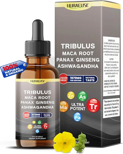 Tribulus orgánico, raíz de maca, panax ginseng, Ashwagandha gotas líquidas – 1670 mg por porción, ultra potente, sabor natural, fabricado en Estados