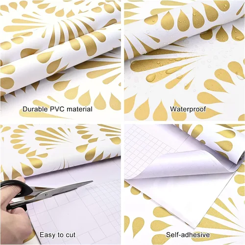 Vista 5 de WENMER Papel tapiz de 17.71 x 197 pulgadas, papel tapiz dorado para despegar y pegar, papel tapiz bohemio autoadhesivo extraíble, papel tapiz