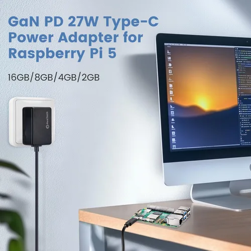 Vista 5 de RasTech Raspberry Pi 5 8GB Kit 64GB Edition con enfriador activo, fuente de alimentación USB-C GaN 5.1V5A de 27 W, placa Pi5 de 8 GB, kit