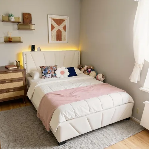 Vista 7 de EnHomee Base de cama individual con luces LED y USB, sin ruido, color beige