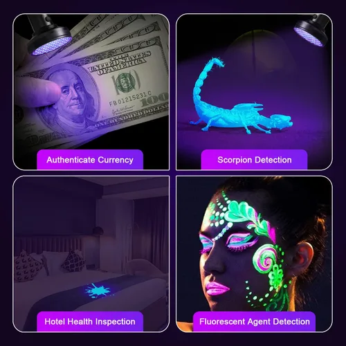 Vista 3 de ESCO LITE Linterna UV de luz negra, 100 luces LED negras para detección de orina de mascotas, linternas ultravioleta para orina de perro
