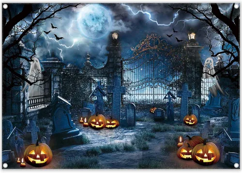 Fondo de fotografía de cementerio embrujado de Halloween de 7 x 5 pies, farol de calabaza, espeluznante noche y luna, decoración de fiesta fantasma