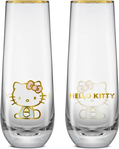 Vista 2 de JoyJolt Hello Kitty Stay Gold Copas sin pie tipo flauta, Juego de 4 vasos para beber de 9.4 onzas, vasos Highball Sanrio, juego de vasos de cocina