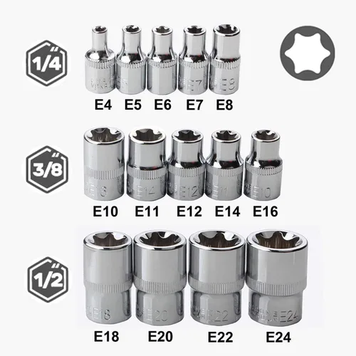 Vista 2 de Juego de llaves hembra E Torx con estuche, 14, 38, 12 pulgadas Drive E4-E24 Kit de llaves de torque externas, 14 piezas