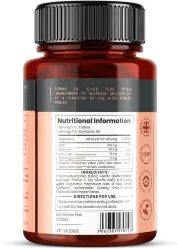 Vista 2 de Alta absorción 5HTP 300mg x 90 tabletas - 3 meses de suministro. con vitamina C, B6 y extracto de pimienta negra