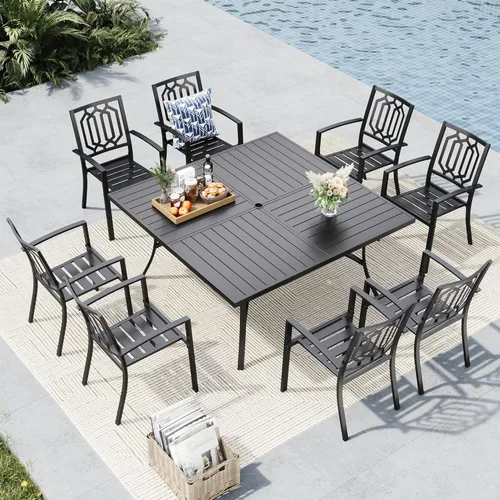 Vista 10 de MFSTUDIO Juego de mesa y sillas de patio, juego de muebles de patio para 8, 8 sillas de metal y 1 mesa de comedor cuadrada con agujero ajustable