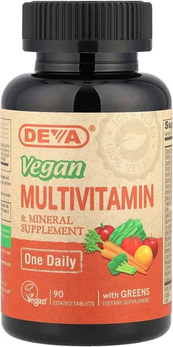 Deva Suplemento multivitamínico y mineral vegano, fórmula única al día con verduras, vitaminas A, C, D, E, complejo B, formulación de alta potencia