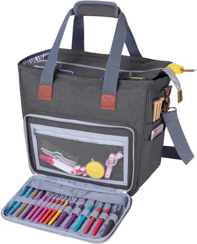 Vista 11 de LUXJA Bolsa de tejido de punto, bolsa de almacenamiento de hilo para llevar proyectos, agujas de tejer, ganchos de ganchillo y otros accesorios, gris