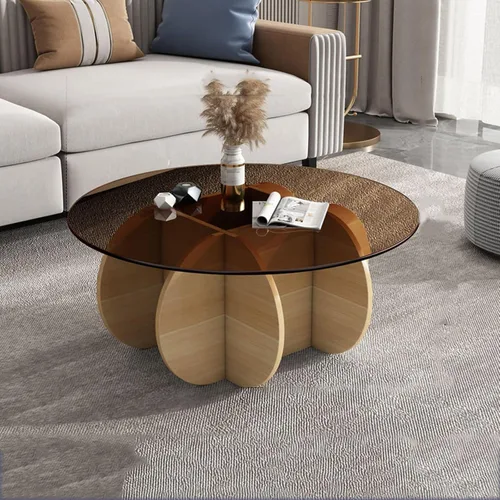 Vista 17 de HM&DX Mesa auxiliar redonda de cristal, base de madera maciza y parte superior de vidrio templado transparente, mesa auxiliar de café, mesa central
