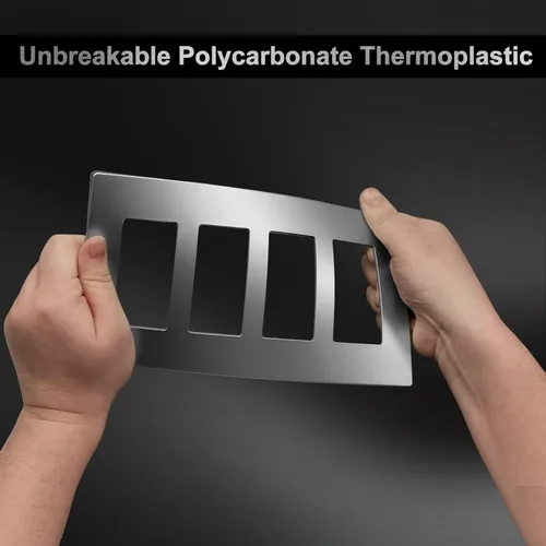 Vista 6 de BESTTEN Paquete de 5 placas de pared plateadas sin tornillos de la colección Signature de 4 bandas, cubierta de enchufe decorador, serie USWP8, 4.69