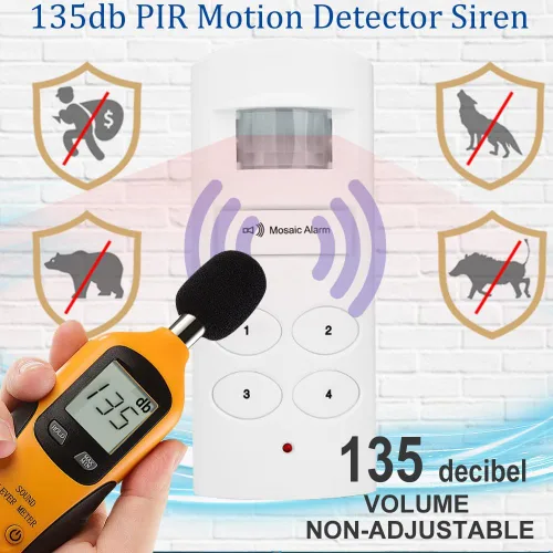 Vista 2 de Sirena de alarma de sensor de movimiento con teclado de 135db de volumen alto para garaje, cobertizo. Detector de movimiento PIR portátil