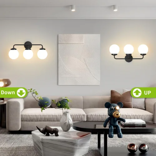 Vista 6 de Lámparas de baño negras sobre espejo, iluminación moderna de tocador de 3 luces con globo de vidrio blanco leche aplique de pared