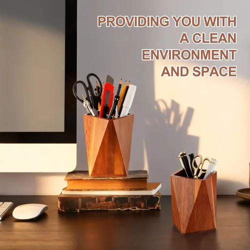 Vista 5 de Henoyso 2 soportes de madera para lápices, soporte geométrico para lápices, organizador de maquillaje para soporte de bolígrafos, escritorio, hogar