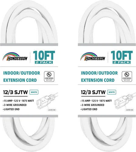 Vista 10 de Cable de extensión iluminado de 3 pies, cable de extensión blanco resistente SJTW 10/3 con enchufe de conexión a tierra de 3 clavijas para mayor