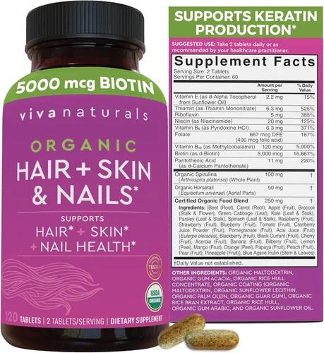 Vitaminas orgánicas para la piel y las uñas para mujeres – Suplemento de biotina de 5000 mcg para apoyar el crecimiento normal del cabello y la piel