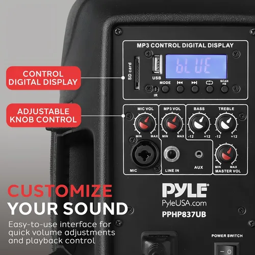 Vista 5 de Pyle (PPHP837UB) - Altavoz de sistema PA activo amplificado Bluetooth con micrófono, subwoofer de graves de 8 pulgadas, monitor de escenario