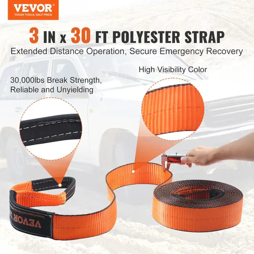 Vista 2 de VEVOR Kit de recuperación todoterreno, correas de remolque de 3 pulgadas x 30 pies, resistentes con ganchos, kit de correa de remolque