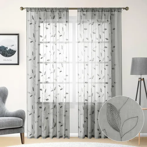 Vista 65 de HOMEIDEAS Cortinas traslúcidas amarillas de 84 pulgadas de largo, 2 paneles de cortinas bordadas con patrón floral amarillo y blanco, cortinas