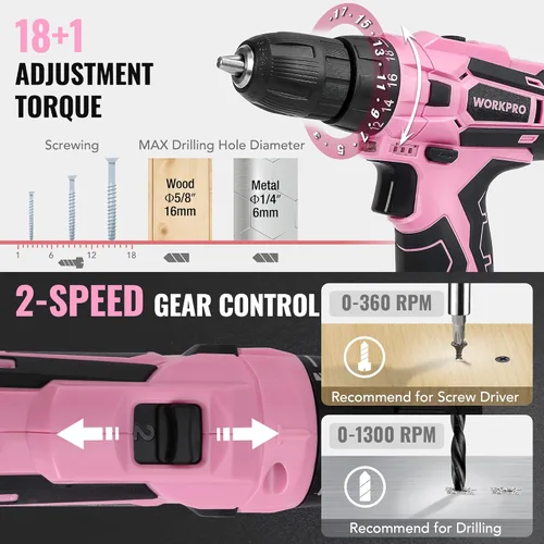 Vista 6 de WORKPRO Juego de herramientas rosa con taladro eléctrico, kit de taladro rosa portátil de 108 piezas para damas para el hogar con caja