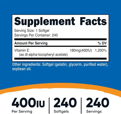 Vista 2 de Nutricost Vitamina E 400 UI, 240 Cápsulas de gelatina blanda - Sin gluten, sin OMG
