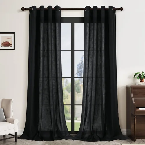 Vista 24 de Aersas Cortinas de lino negro para dormitorio de 63 pulgadas de largo, 2 paneles de privacidad, eficiencia energética, semitransparentes, cortinas