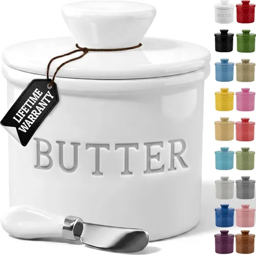 Vista 33 de Priority Chef Recipiente para Mantequilla con Tapa y Línea de Agua, Plato de Mantequilla Francés de Cerámica para Dejar en la Encimera, Turquesa