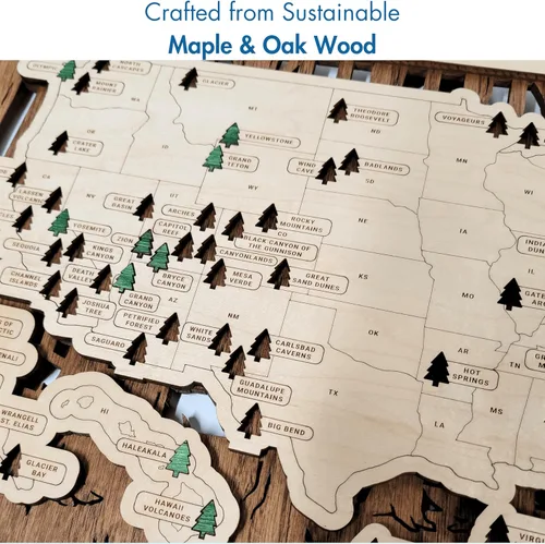 Vista 8 de Mapa Personalizado de Madera de Parques Nacionales con Chinchetas Rastreador de Viajes - Regalos de Mapa de Parques Nacionales Hechos en EE.UU.