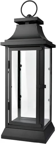 Serene Spaces Living Farol de huracán de metal negro con paneles de vidrio transparente, linterna decorativa colgante o de mesa para interiores y