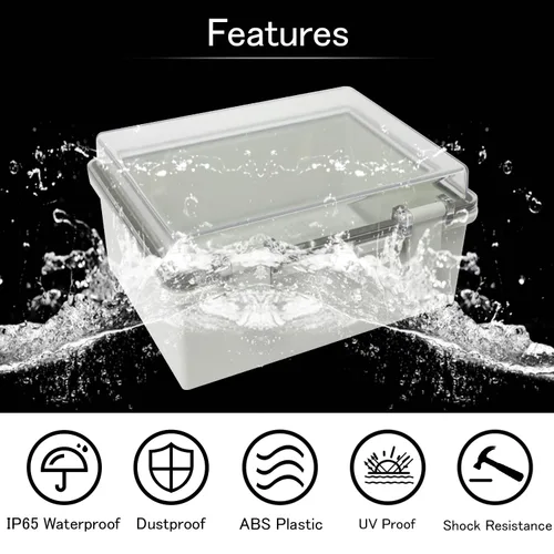 Vista 5 de Caja de conexiones IP65 impermeable de plástico ABS, recinto con cubierta transparente de PC con bisagras para proyectos eléctricos con placa