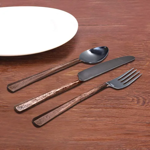 Vista 3 de Bold & Divine Ridge Copper - Juego de cubiertos de acero inoxidable de 5 piezas, incluye cuchillo, tenedor/cuchara, cubiertos de acero inoxidable