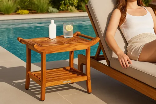 Vista 5 de Silla de asiento de banco de ducha de teca de lujo con pies niveladores, impermeable, acabado de aceite de teca, grande, 25 x 19 x 14 pulgadas